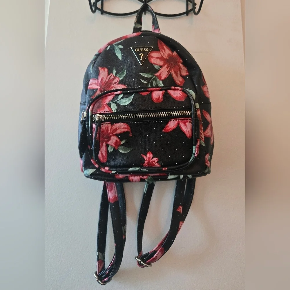 GUESS Black and Red Floral Backpack NWOT